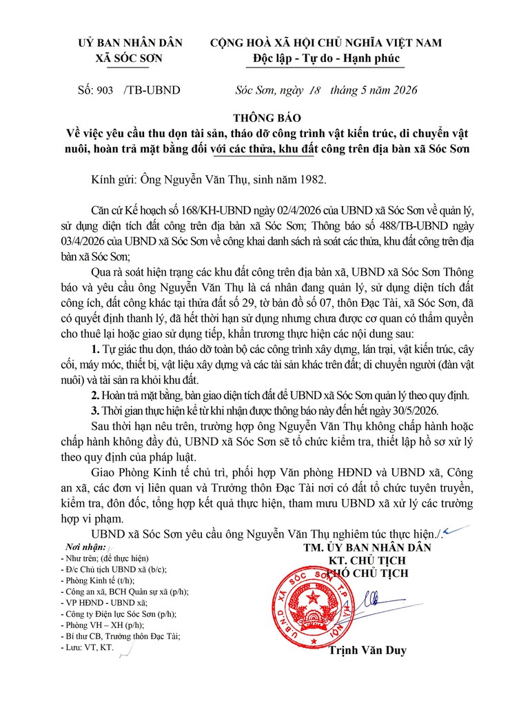 THÔNG BÁO YÊU CẦU THU DỌN TÀI SẢN, THÁO DỠ CÔNG TRÌNH VẬT KIẾN TRÚC, DI CHUYỂN VẬT NUÔI, HOÀN TRẢ MẶT BẰNG ĐỐI VỚI CÁC THỬ, KHU ĐẤT CÔNG TRÊN ĐỊA BÀN XÃ SÓC SƠN- Ảnh 7.