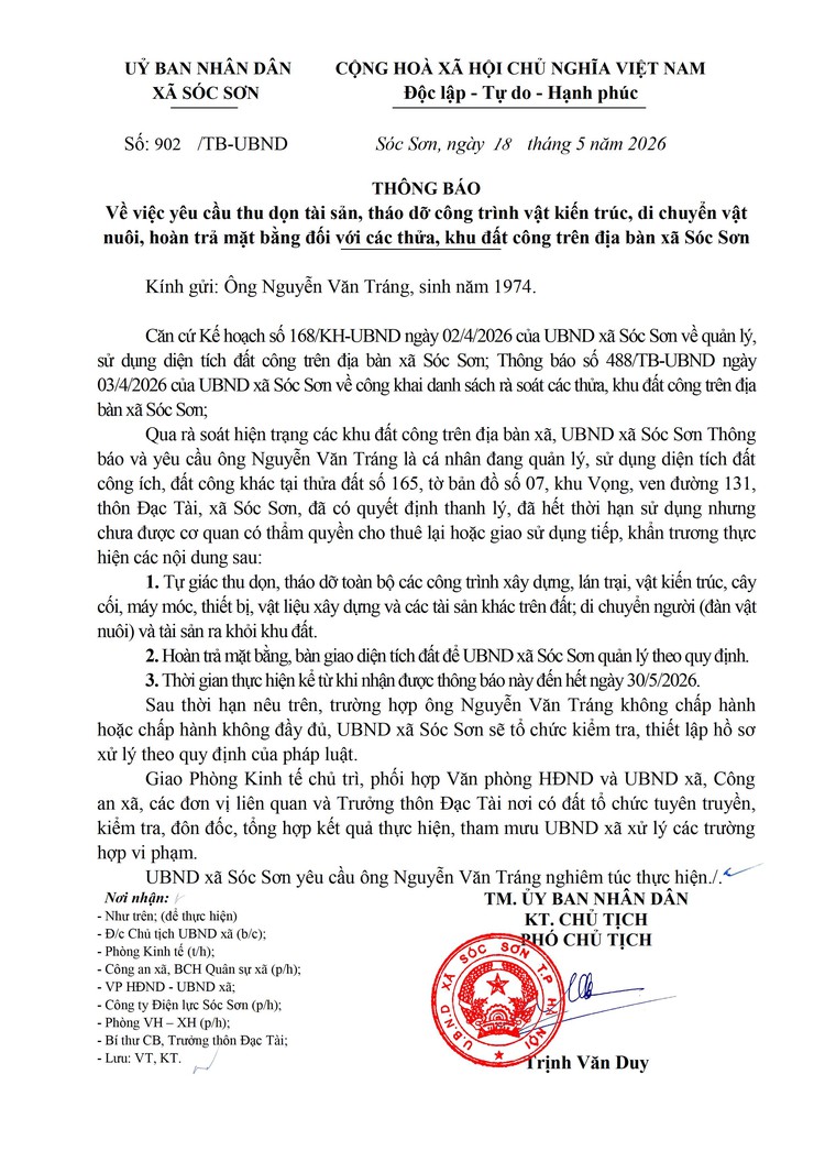 THÔNG BÁO YÊU CẦU THU DỌN TÀI SẢN, THÁO DỠ CÔNG TRÌNH VẬT KIẾN TRÚC, DI CHUYỂN VẬT NUÔI, HOÀN TRẢ MẶT BẰNG ĐỐI VỚI CÁC THỬ, KHU ĐẤT CÔNG TRÊN ĐỊA BÀN XÃ SÓC SƠN- Ảnh 8.