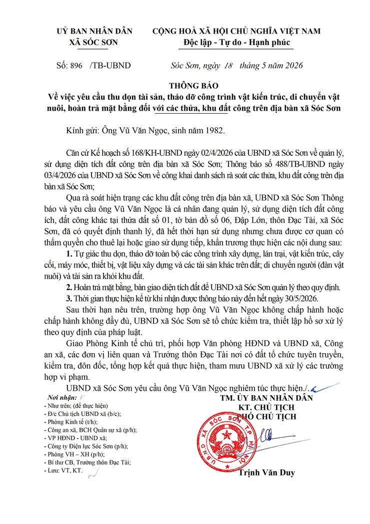 THÔNG BÁO YÊU CẦU THU DỌN TÀI SẢN, THÁO DỠ CÔNG TRÌNH VẬT KIẾN TRÚC, DI CHUYỂN VẬT NUÔI, HOÀN TRẢ MẶT BẰNG ĐỐI VỚI CÁC THỬ, KHU ĐẤT CÔNG TRÊN ĐỊA BÀN XÃ SÓC SƠN- Ảnh 9.