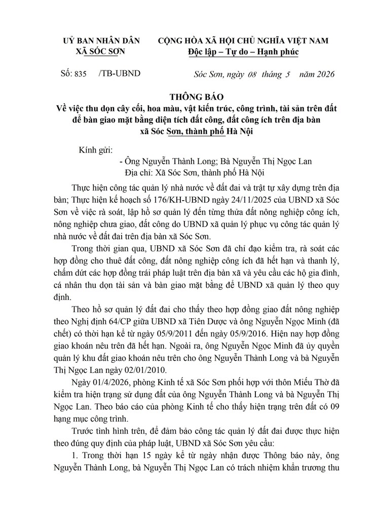 THÔNG BÁO YÊU CẦU THU DỌN TÀI SẢN, THÁO DỠ CÔNG TRÌNH VẬT KIẾN TRÚC, DI CHUYỂN VẬT NUÔI, HOÀN TRẢ MẶT BẰNG ĐỐI VỚI CÁC THỬ, KHU ĐẤT CÔNG TRÊN ĐỊA BÀN XÃ SÓC SƠN- Ảnh 14.