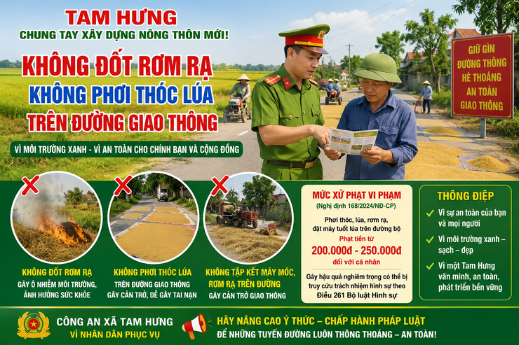 Công an xã Tam Hưng tăng cường tuyên truyền, khuyến cáo Nhân dân không phơi thóc, đốt rơm rạ trên đường giao thông- Ảnh 1.