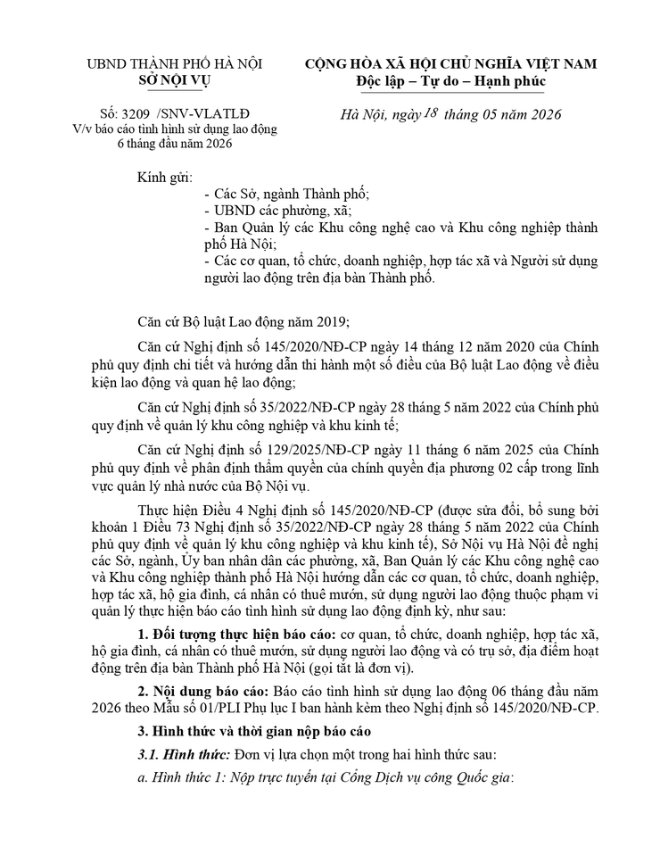 Công văn số 3209/SNV-VLATLĐbáo cáo tình hình sử dụng lao động 6 tháng đầu năm 2026- Ảnh 1.