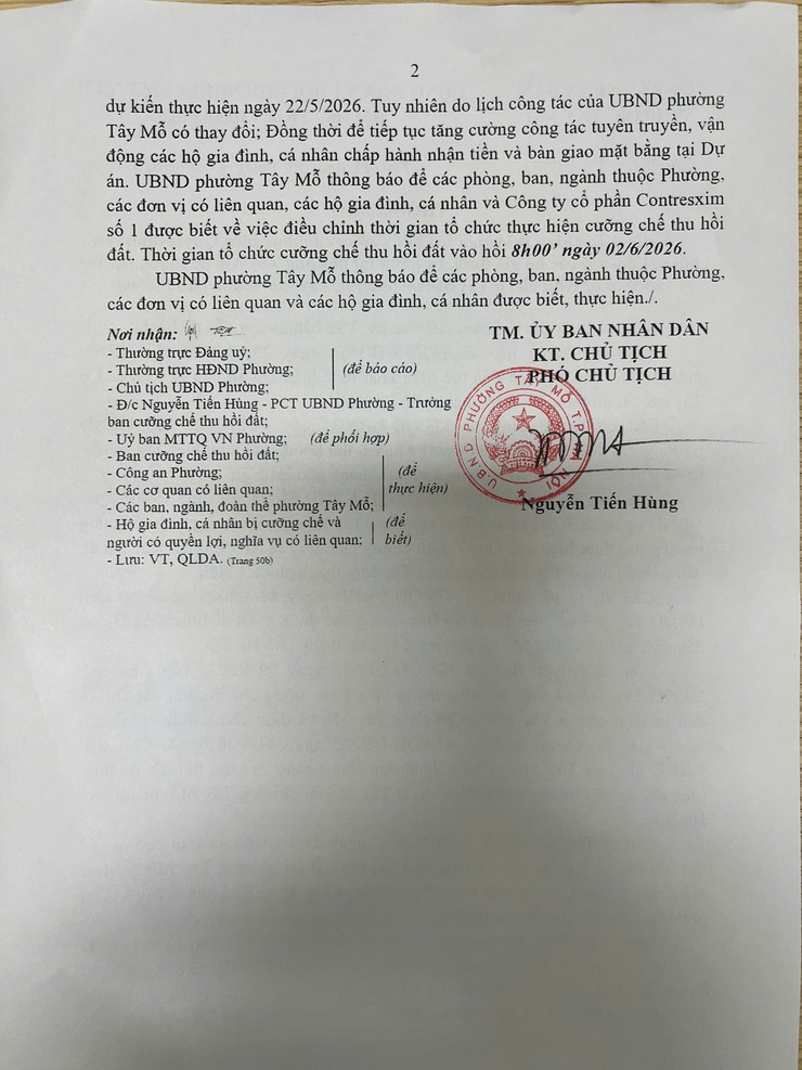 Điều chỉnh thời gian tổ chức cưỡng chế thực hiện Quyết định thu hồi đất đối với các hộ gia đình, cá nhân tại phường Tây Mỗ để thực hiện Dự án Đầu tư Khu nhà ở Tây Mỗ tại phường Tây Mỗ- Ảnh 2.