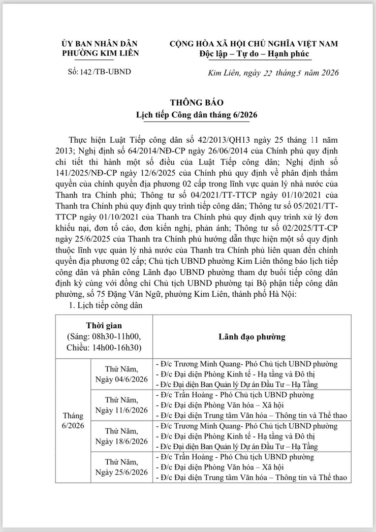 Thông báo Lịch tiếp công dân tháng 6/2026- Ảnh 1.