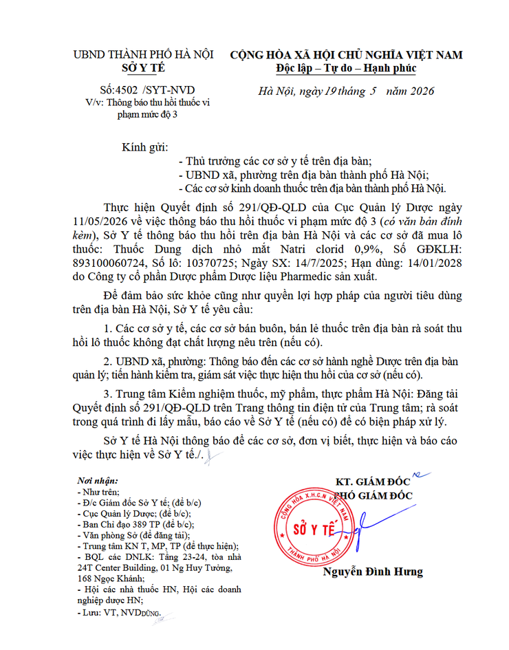 Sở Y tế Hà Nội thông báo thu hồi lô thuốc nhỏ mắt Natri clorid 0,9% không đạt chất lượng- Ảnh 1.