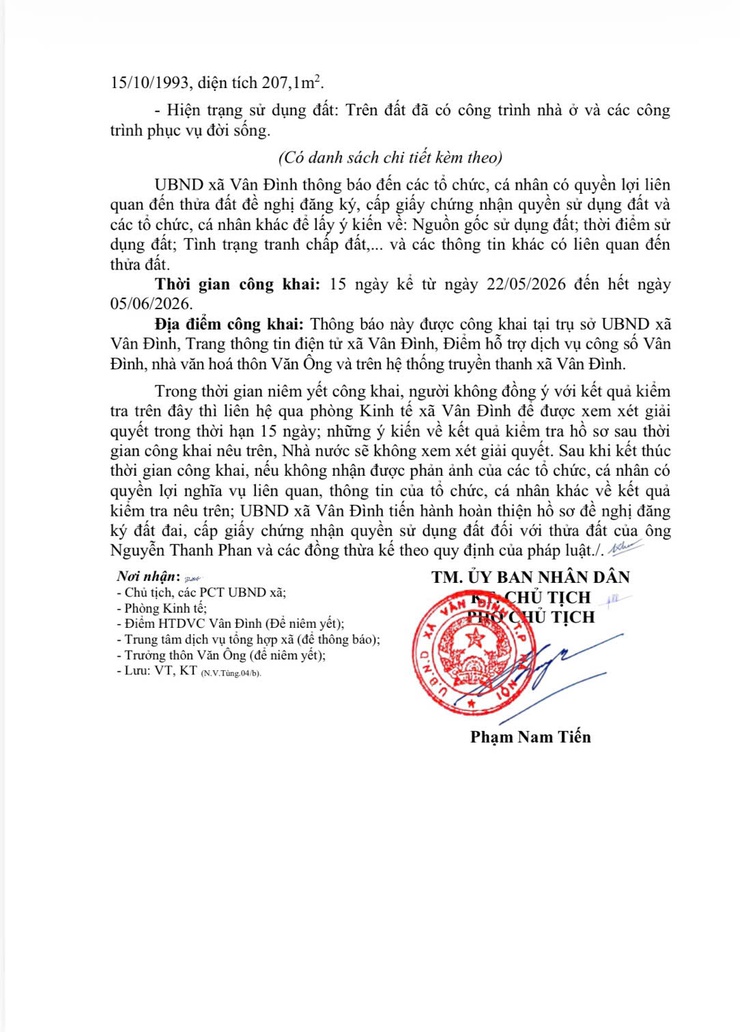 Thông báo về việc niêm yết công khai hồ sơ đăng ký đất đai, cấp giấy chứng nhận quyền sử dụng đất, quyền sở hữu tài sản gắn liền với đất đối với ông Nguyễn Thanh
Phan và các đồng thừa kế tại thôn Văn Ông- Ảnh 2.