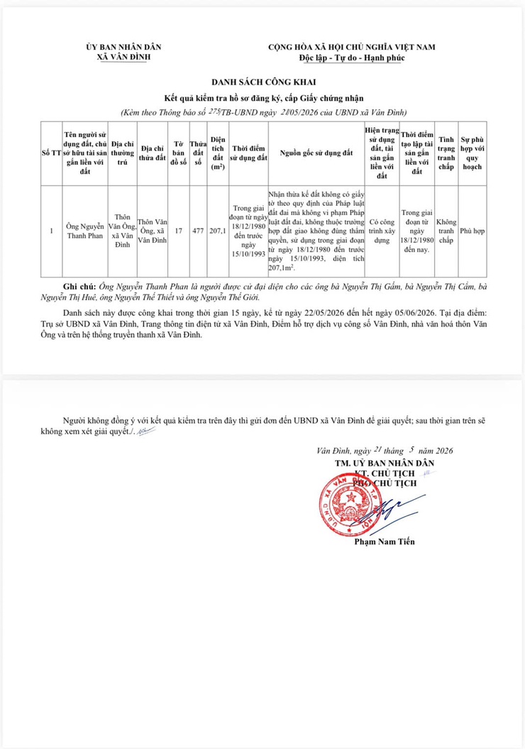 Thông báo về việc niêm yết công khai hồ sơ đăng ký đất đai, cấp giấy chứng nhận quyền sử dụng đất, quyền sở hữu tài sản gắn liền với đất đối với ông Nguyễn Thanh
Phan và các đồng thừa kế tại thôn Văn Ông- Ảnh 3.