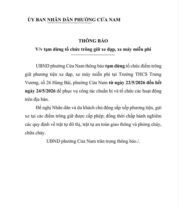 UBND PHƯỜNG CỬA NAM XIN THÔNG BÁO: Tạm dừng tổ chức trông giữ xe đạp, xe máy miễn phí trên địa bàn phường Cửa Nam- Ảnh 1.