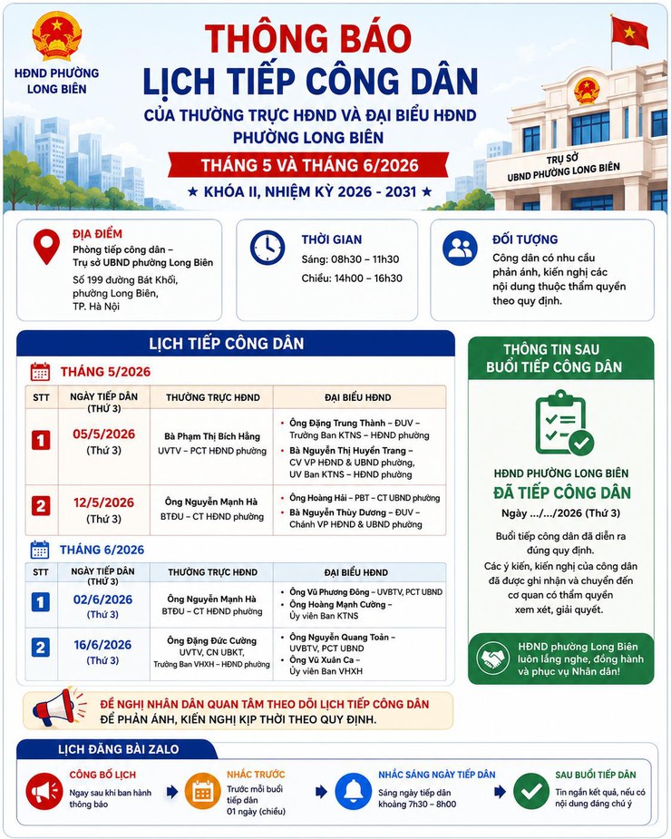 Thông báo lịch tiếp công dân của Thường trực Hội đồng nhân dân và Đại biểu Hội đồng nhân dân phường Long Biên tháng 5 và tháng 6/2026- Ảnh 1.