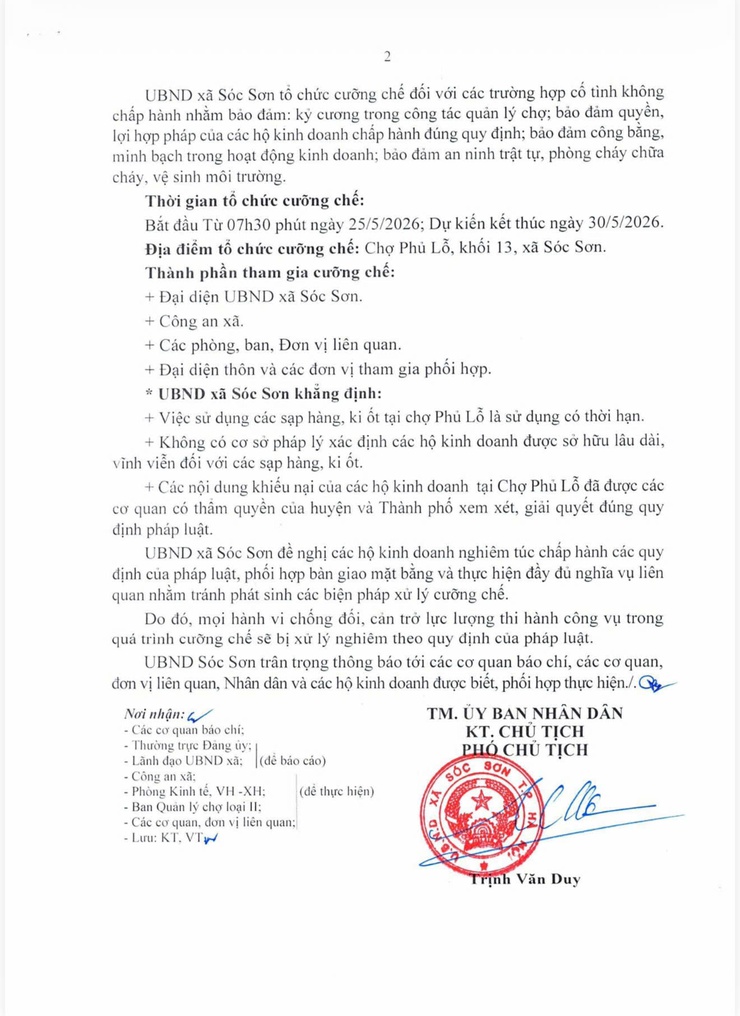 THÔNG CÁO BÁO CHÍ VỀ VIỆC TỔ CHỨC CƯỠNG CHẾ THI HÀNH QUYẾT ĐỊNH THU HỒI SẠP HÀNG, KI ỐT TẠI CHỢ PHỦ LỖ, XÃ SÓC SƠN, THÀNH PHỐ HÀ NỘI.- Ảnh 2.