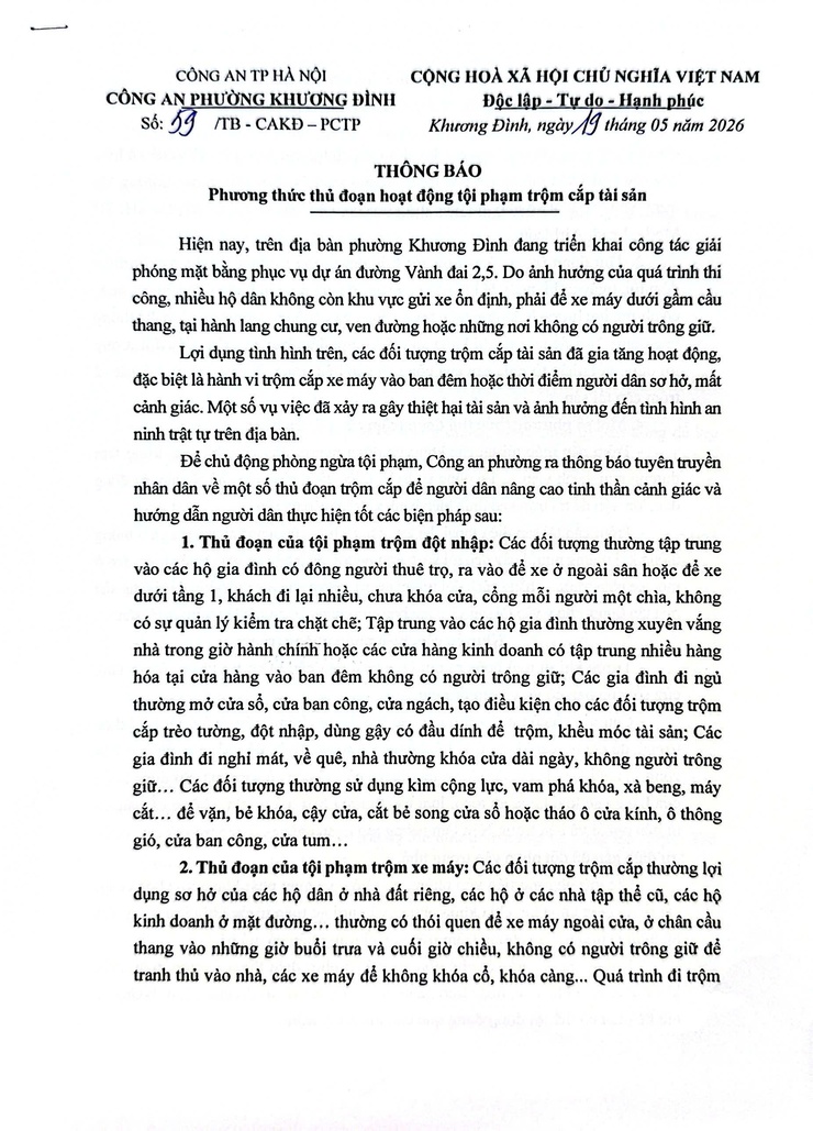 Công an phường Khương Đình thông báo phương thức, thủ đoạn hoạt động của tội phạm trộm cắp tài sản trên địa bàn- Ảnh 1.