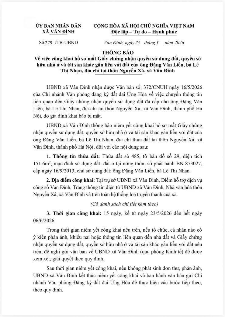 Thông báo về việc công khai hồ sơ mất Giấy chứng nhận quyền sử dụng đất, quyền sở hữu nhà ở và tài sản khác gắn liền với đất của ông Đặng Văn Liền, bà Lê
Thị Nhạn, địa chỉ tại thôn Nguyễn Xá- Ảnh 1.