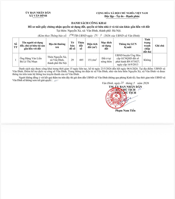Thông báo về việc công khai hồ sơ mất Giấy chứng nhận quyền sử dụng đất, quyền sở hữu nhà ở và tài sản khác gắn liền với đất của ông Đặng Văn Liền, bà Lê
Thị Nhạn, địa chỉ tại thôn Nguyễn Xá- Ảnh 3.