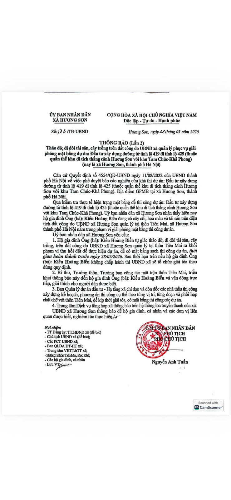 Thông báo lần 2 về việc tháo dỡ, di dời tài sản, cây trồng trên đất công do UBND xã quản lý để phục vụ công tác giải phóng mặt bằng thực hiện dự án- Ảnh 1.