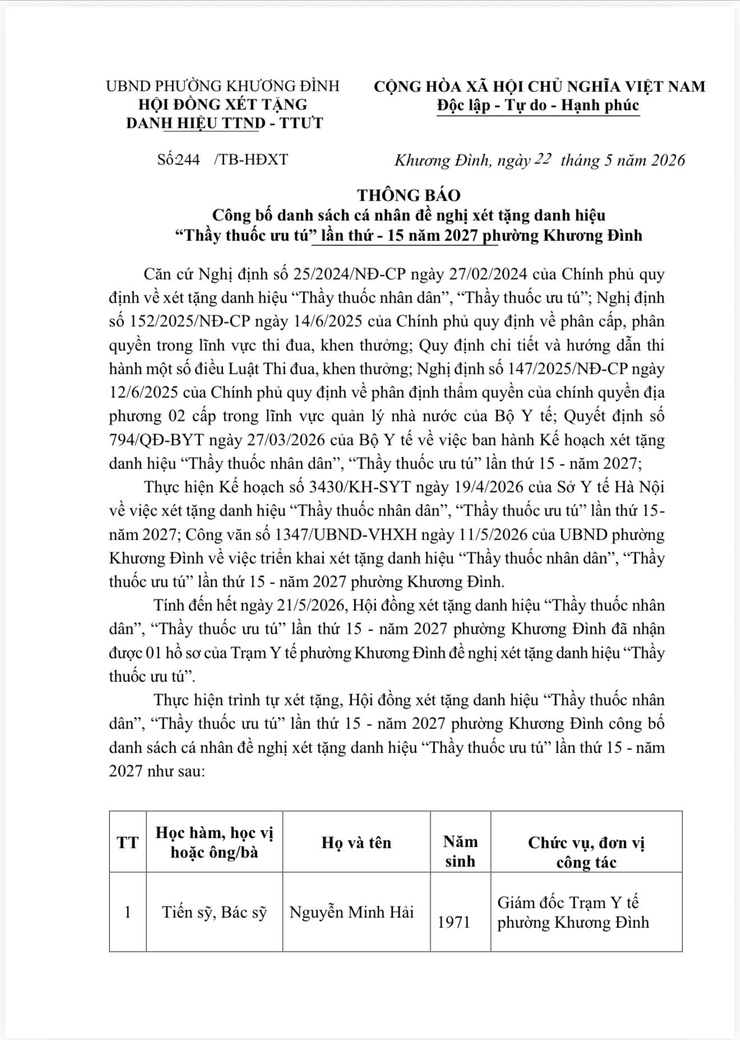 Phường Khương Đình: Công bố danh sách cá nhân đề nghị xét tặng danh hiệu “Thầy thuốc ưu tú” lần thứ 15 năm 2027- Ảnh 1.