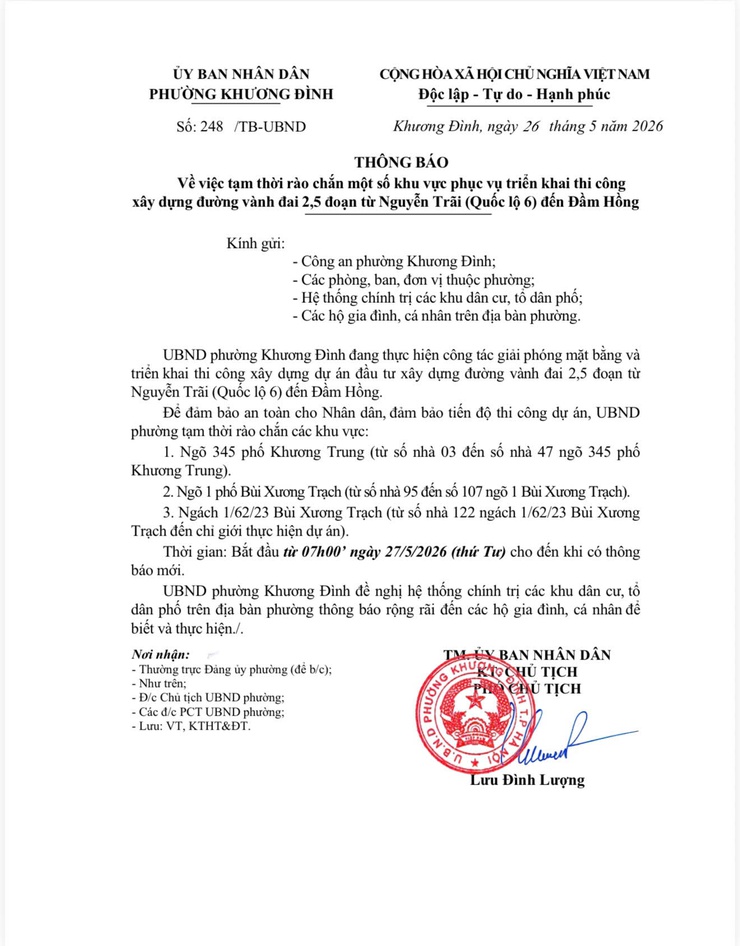 Thông báo tạm thời rào chắn một số khu vực phục vụ thi công Dự án đường Vành đai 2,5- Ảnh 1.