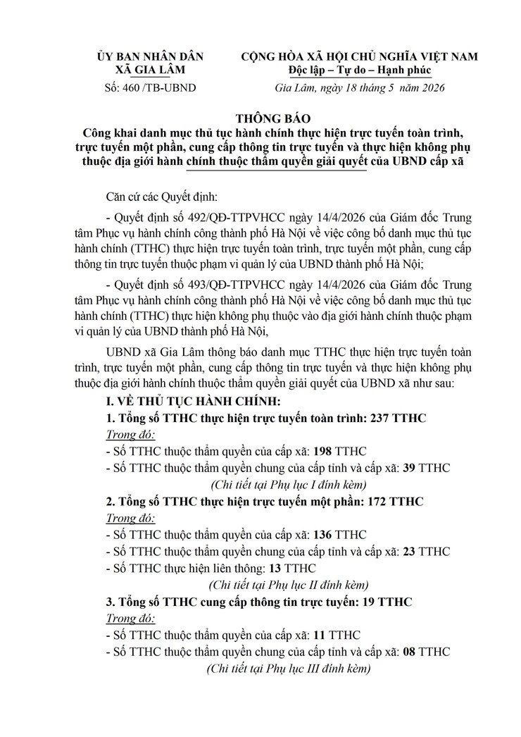 Thông báo công khai danh mục thủ tục hành chính thực hiện trực tuyến toàn trình, trực tuyến một phần, cung cấp thông tin trực tuyến và thực hiện không phụ thuộc địa giới hành chính thuộc thẩm quyền giải quyết của UBND cấp xã- Ảnh 1.