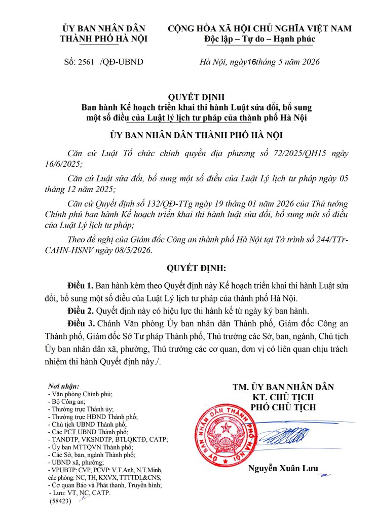 Công khai Quyết định ban hành Kế hoạch triển khai thi hành Luật sửa đổi, bổ sung một số điều của Luật lý lịch tư pháp của thành phố Hà Nội - Ảnh 1.