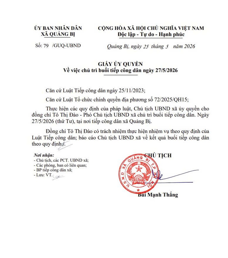 Lịch tiếp công dân của Lãnh đạo UBND xã Quảng Bị ngày 27/5/2026 (Thứ Tư)- Ảnh 2.