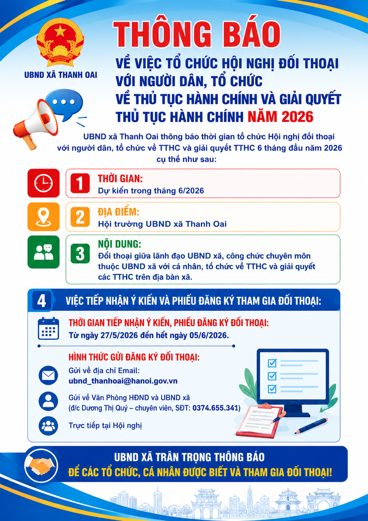 Thông báo về việc tổ chức Hội nghị đối thoại với người dân, tổ chức về thủ tục hành chính và giải quyết thủ tục hành chính năm 2026- Ảnh 1.