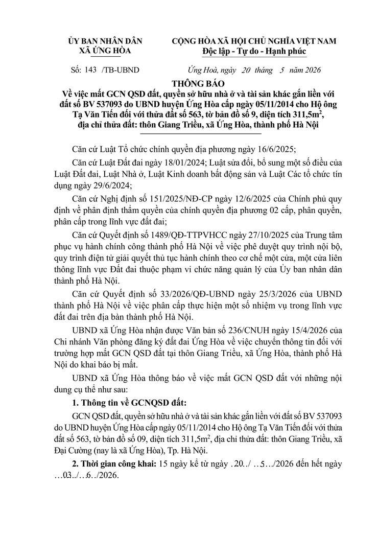 Thông báo về việc công khai mất Giấy chứng nhận QSD đất, quyền sở hữu nhà ở và tài sản khác gắn liền với đất của hộ ông Tạ Văn Tiến, thôn Giang Triều.- Ảnh 1.