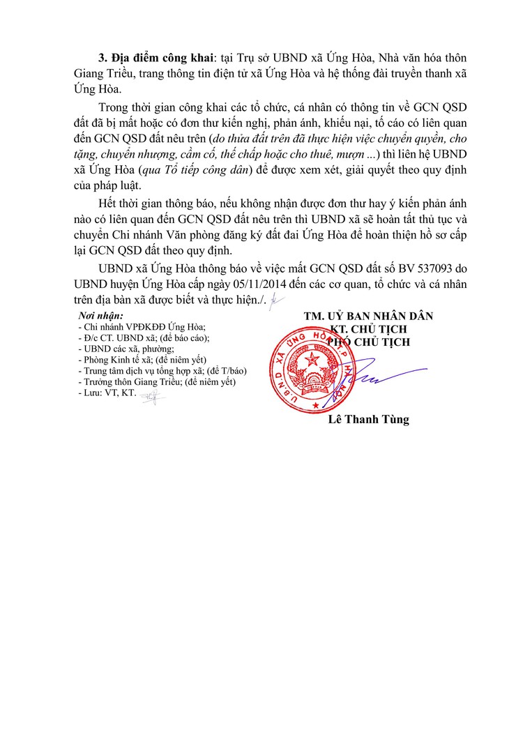 Thông báo về việc công khai mất Giấy chứng nhận QSD đất, quyền sở hữu nhà ở và tài sản khác gắn liền với đất của hộ ông Tạ Văn Tiến, thôn Giang Triều.- Ảnh 2.