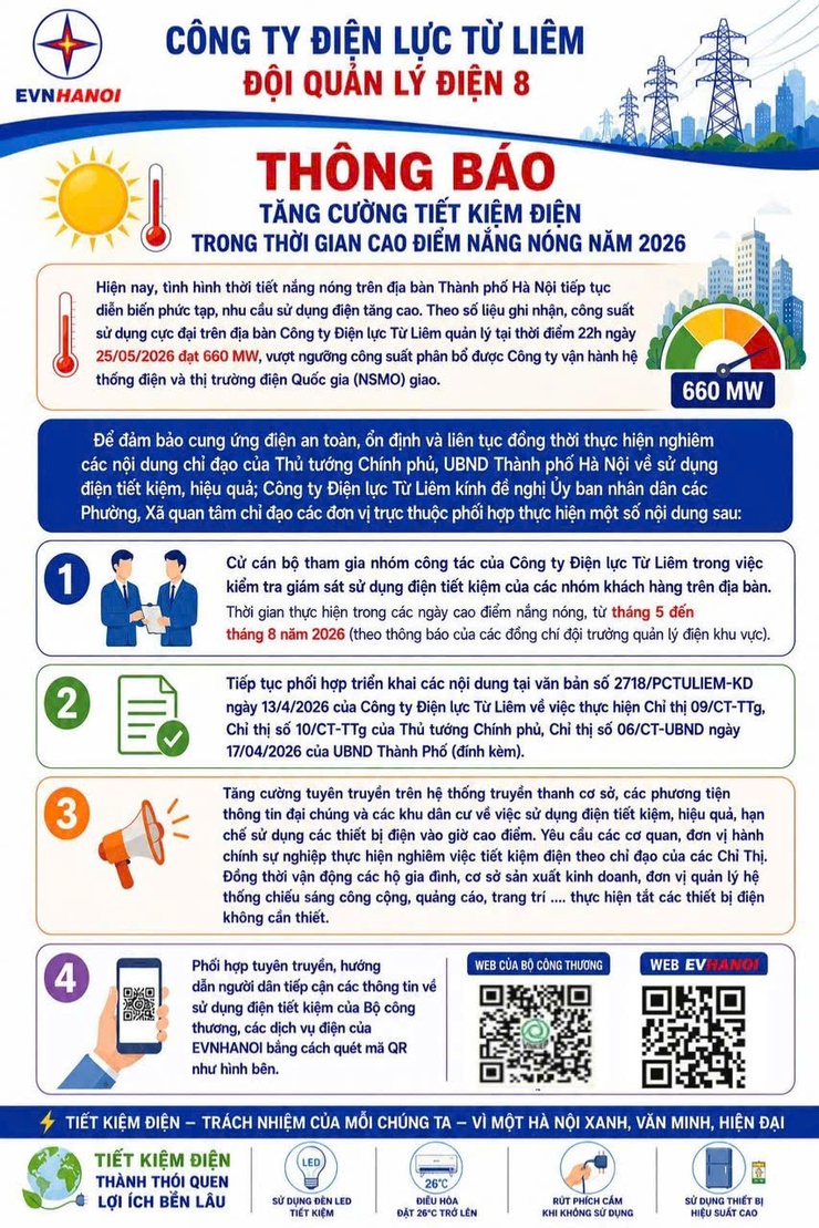 Thông báo: Tăng cường tiết kiệm điện trong thời gian cao điểm nắng nóng năm 2026- Ảnh 1.