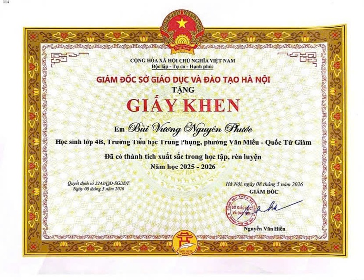 CHÚC MỪNG EM BÙI VƯƠNG NGUYÊN PHƯỚC -LỚP 4B – NIỀM TỰ HÀO CỦA HỌC SINH TIỂU HỌC TRUNG PHỤNG - PHƯỜNG VĂN MIẾU QUỐC TỬ GIÁM- Ảnh 1.
