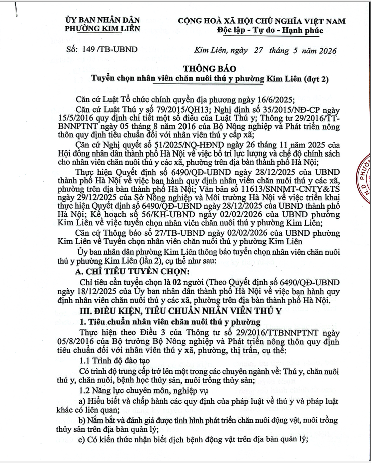 Phường Kim Liên: thông báo tuyển chọn nhân viên chăn nuôi thú y (đợt 2)- Ảnh 1.