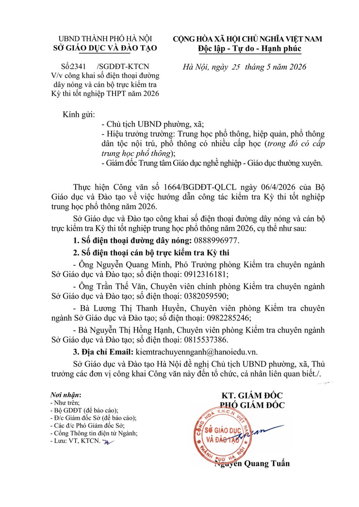 Công khai số điện thoại đường dây nóng và cán bộ trực kiểm tra Kỳ thi tốt nghiệp THPT năm 2026- Ảnh 1.