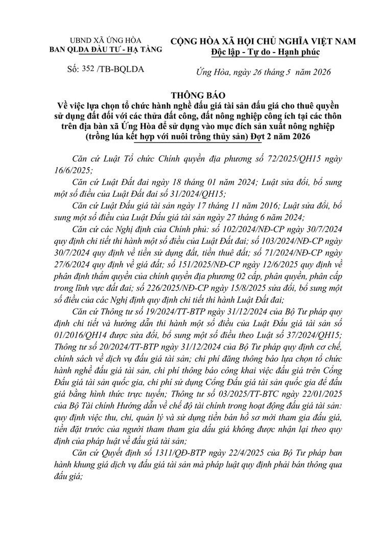 THÔNG BÁO LỰA CHỌN TỔ CHỨC ĐẤU GIÁ TÀI SẢN THỰC HIỆN ĐẤU GIÁ CHO THUÊ ĐẤT NÔNG NGHIỆP ĐỢT 2 NĂM 2026.- Ảnh 1.