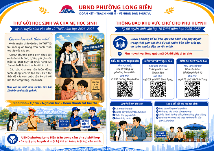 UBND phường Long Biên hướng dẫn khu vực chờ dành cho cha mẹ học sinh tại các điểm thi tuyển sinh vào lớp 10 THPT năm học 2026-2027- Ảnh 1.