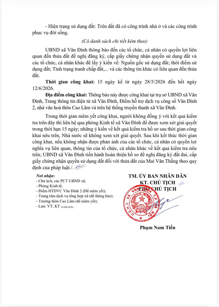 Thông báo V/v niêm yết công khai hồ sơ đăng ký đất đai, cấp giấy chứng nhận quyền sử dụng đất, quyền sở hữu tài sản gắn liền với đất đối với ông Mai Văn Thắng
và bà Trịnh Thị Ngà, địa chỉ thửa đất tại thôn Cao Lãm- Ảnh 2.