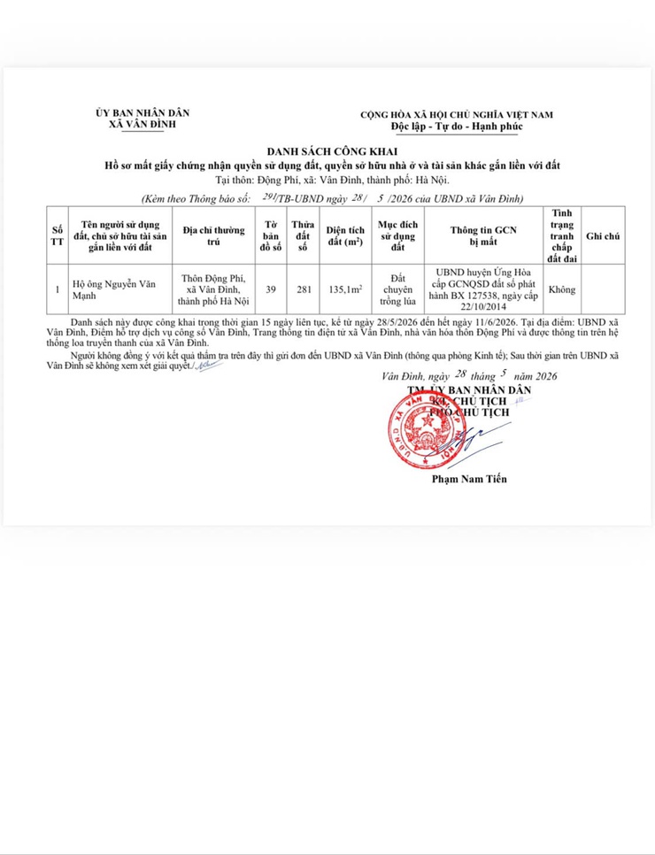 Thông báo Về việc công khai hồ sơ mất Giấy chứng nhận quyền sử dụng đất, quyền sở hữu nhà ở và tài sản khác gắn liền với đất của Hộ ông Nguyễn Văn Mạnh,
địa chỉ tại thôn Động Phí xã Vân Đình- Ảnh 3.