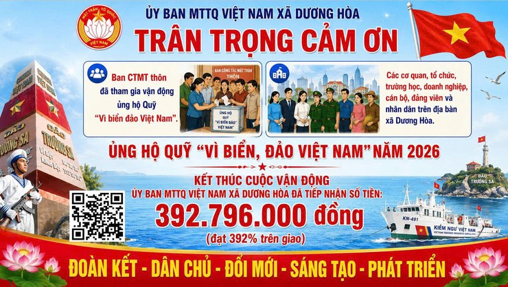 Xã Dương Hòa đạt 392% chỉ tiêu ủng hộ Quỹ “Vì biển, đảo Việt Nam” năm 2026 - Ảnh 1.