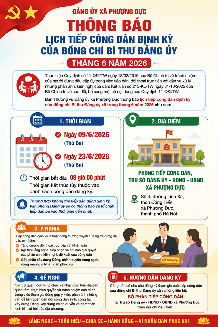 Xã Phượng Dực thông báo lịch tiếp công dân của Bí thư Đảng ủy tháng 6 năm 2026- Ảnh 1.