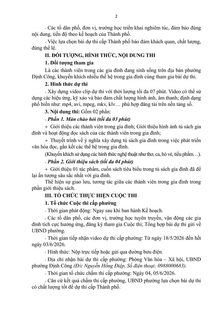 Kế hoạch triển khai Cuộc thi "“Gia đình đọc sách - Phát triển tủ sách gia đình kết nối yêu thương” năm 2026 trên địa bàn phường Định Công- Ảnh 2.