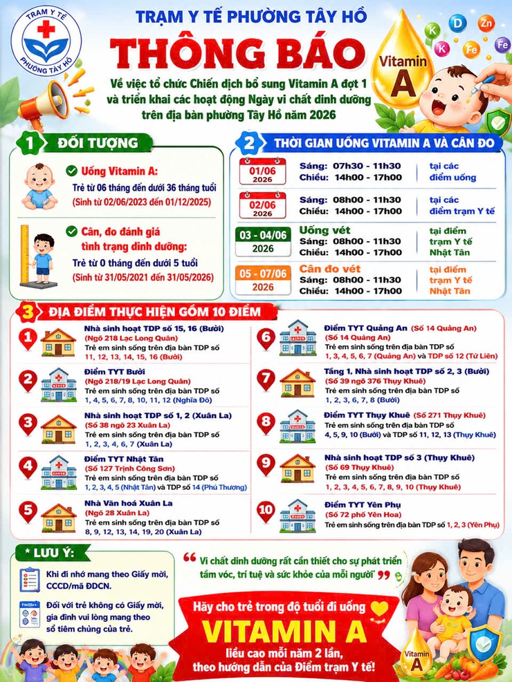 THÔNG BÁO: Chiến dịch bổ sung Vitamin A đợt 1 và cân, đo đánh giá dinh dưỡng cho trẻ năm 2026 trên địa bàn phường Tây Hồ- Ảnh 1.