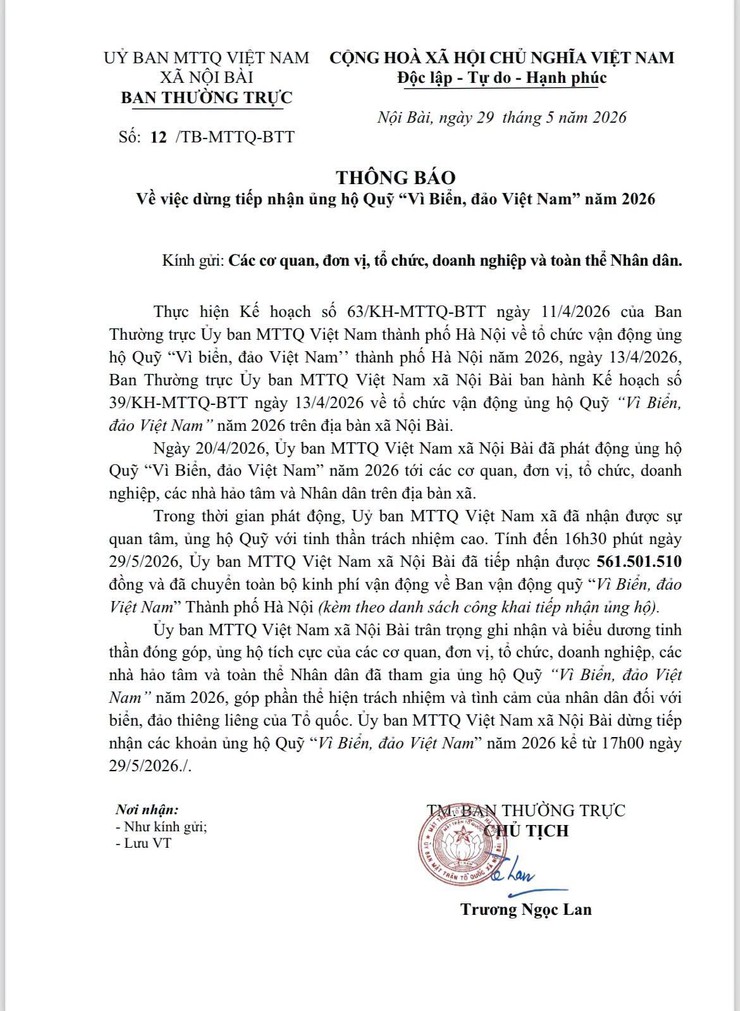 UB MTTQ VIỆT NAM XÃ NỘI BÀI THÔNG BÁO DỪNG TIẾP NHẬN ỦNG HỘ QUỸ “VÌ BIỂN ĐẢO VIỆT NAM” NĂM 2026- Ảnh 2.