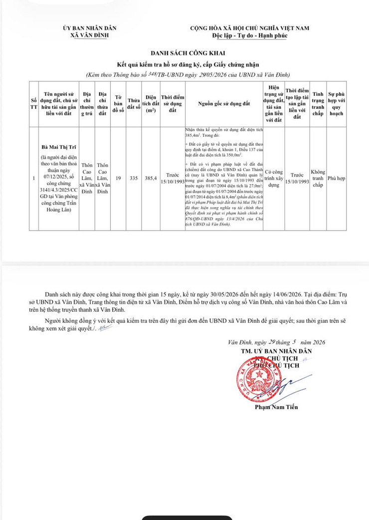 Thông báo V/v niêm yết công khai hồ sơ đăng ký đất đai, cấp giấy chứng nhận quyền sử dụng đất, quyền sở hữu tài sản gắn liền với đất đối với bà Mai Thị Trĩ, địa chỉ thửa đất tại thôn Cao Lãm- Ảnh 3.
