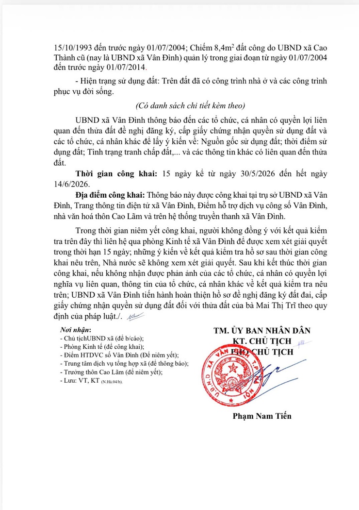 Thông báo V/v niêm yết công khai hồ sơ đăng ký đất đai, cấp giấy chứng nhận quyền sử dụng đất, quyền sở hữu tài sản gắn liền với đất đối với bà Mai Thị Trĩ, địa chỉ thửa đất tại thôn Cao Lãm- Ảnh 2.
