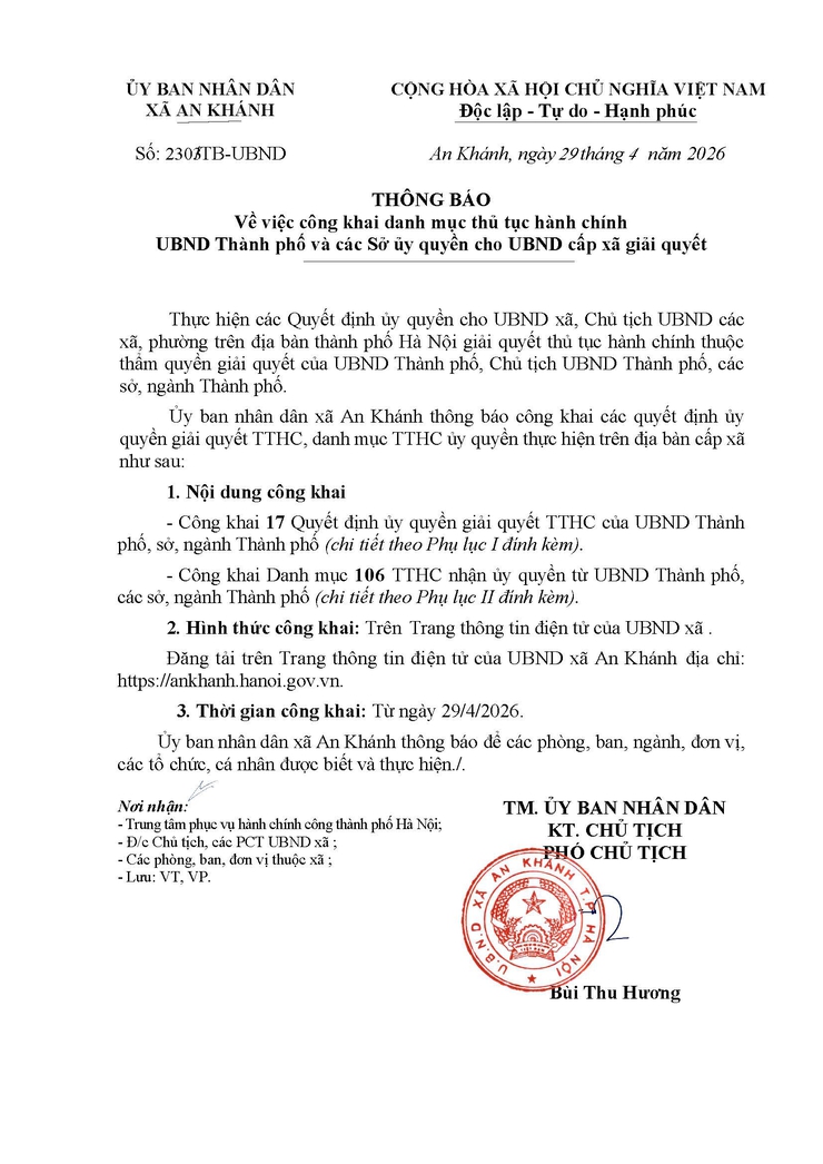 Thông báo: Danh mục Thủ tục hành chính UBND Thành phố và các Sở ủy quyền cho UBND cấp xã giải quyết- Ảnh 1.
