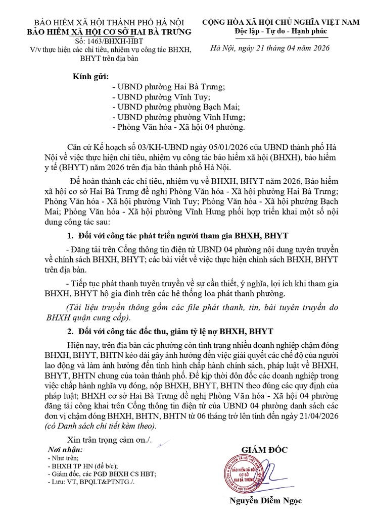 Công văn 1463/BHXH-HBT ngày 21/04/2024 của BHXH cơ sở Hai Bà Trưng về việc thực hiện các chỉ tiêu, nhiệm vụ công tác BHXH, BHYT trên địa bàn- Ảnh 1.