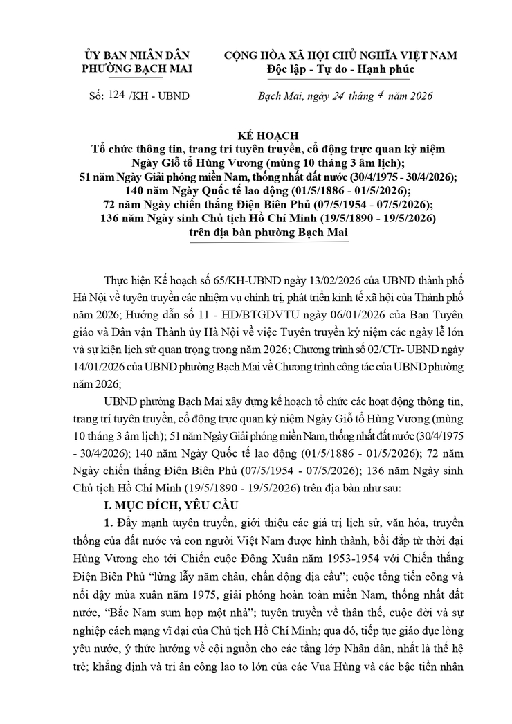Kế hoạch số 124/KH-UBND ngày 24/04/2024 về việc trang trí tuyên truyền, cổ động trực quan các ngày lễ giỗ tổ Hùng Vương; 30/4-01/5; Chiến thăng Điện Biên Phủ; 136 năm ngày sinh Chủ tịch Hồ Chí Minh- Ảnh 1.