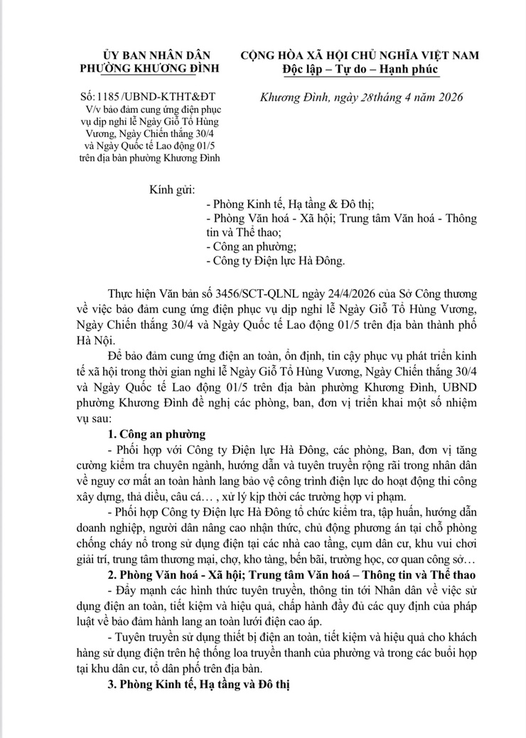 Bảo đảm cung ứng điện phục vụ các dịp lễ Giỗ Tổ Hùng Vương, 30/4 và 01/5 trên địa bàn phường Khương Đình- Ảnh 1.