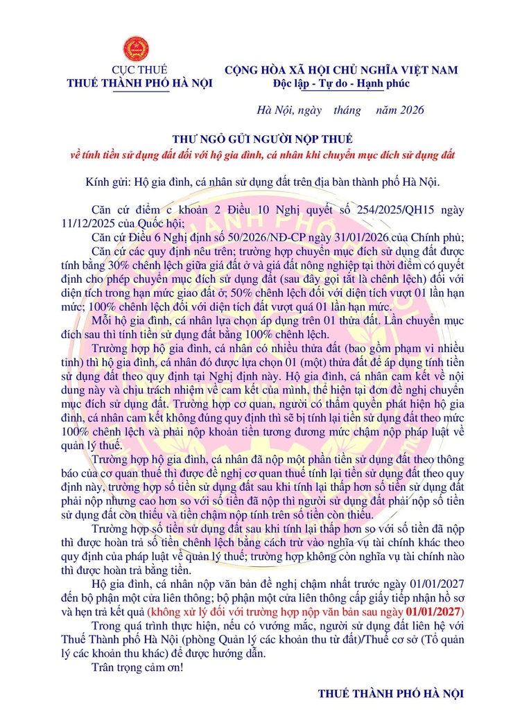 Thư ngỏ của Cục Thuế TP Hà Nội về chính sách thu tiền sử dụng đất khi chuyển mục đích sử dụng đất- Ảnh 1.