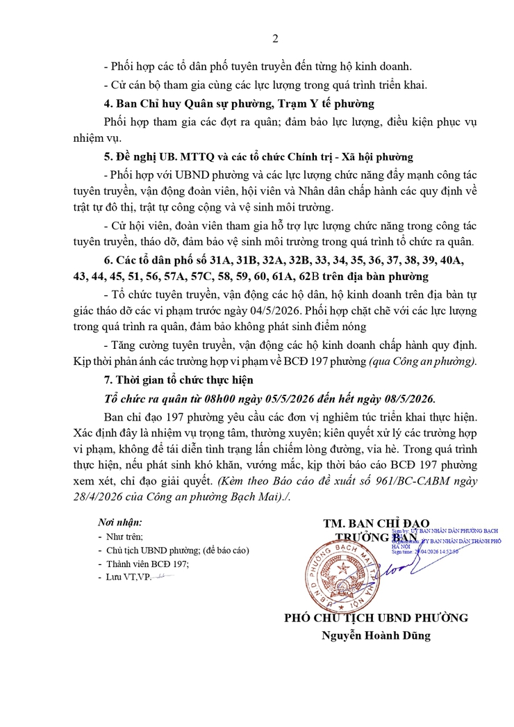 Thông báo số 39/UBND-BCĐ ngày 29/04/2026 của BCĐ 197 phường Bạch Mai về việc tổ chức ra quân giải quyết TTĐT, chỉnh trang các tuyến phố trên địa bàn phường- Ảnh 2.