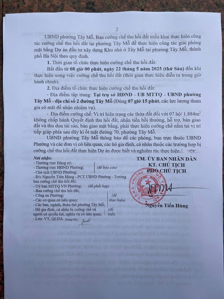 Thông báo về việc tổ chức tổ chức cưỡng chế thực hiện Quyết định thu hồi đất đối với các hộ gia đình, cá nhân tại phường Tây Mỗ để thực hiện Dự án Đầu tư Khu nhà ở Tây Mỗ, tại phường Tây Mỗ, thành phố Hà Nội - Ảnh 2.