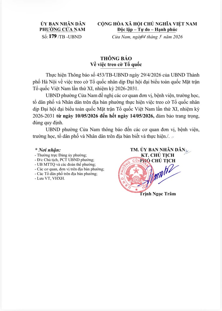 UBND phường Cửa Nam xin thông báo treo cờ Tổ quốc nhân dịp Đại hội đại biểu toàn quốc Mặt trận Tổ quốc Việt Nam lần thứ XI, nhiệm kỳ 2026-2031.- Ảnh 1.