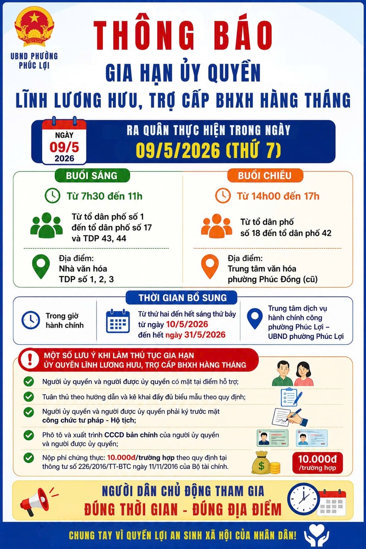 Thông báo thời gian thực hiện thủ tục gia hạn ủy quyền lĩnh lương hưu, trợ cấp BHXH hàng tháng trên địa bàn phường Phúc Lợi- Ảnh 1.